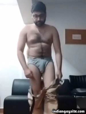 Gay bear daddy stripping naked in office
