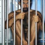 Naked hairy bear in bondage gay photoshoot