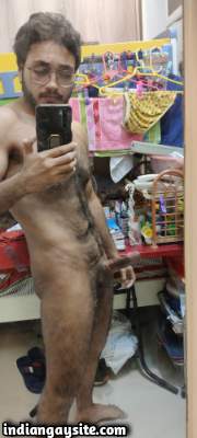 Hairy desi man teasing hot body and dick in mirror