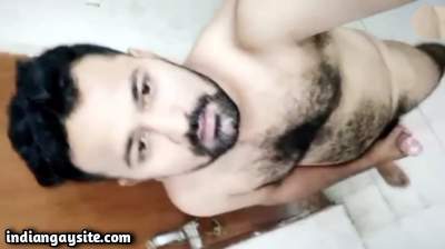 Hairy horny guy cumming hard after wanking on cam