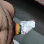 Bulging horny man teasing in sexy hot undies