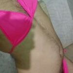 Naked crossdresser man shows body in bra and panties