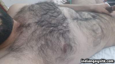 Gay hairy bear man teasing sexy chest in nude pics