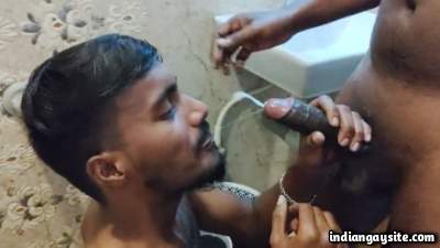 Cock sucker guy takes a fresh cum load on face